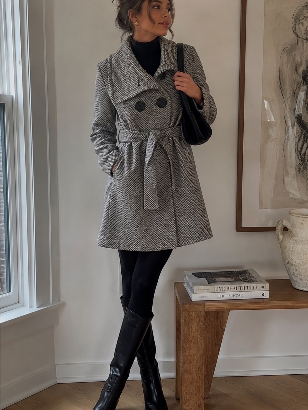 Momento Houndstooth Belted Wool Trench Coat Gray Black Double Breasted